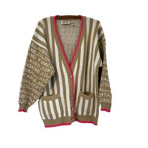 Vtg Autograph American Clothing Stripes Word Graphics Cardigan Sweater Size L